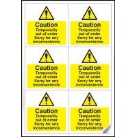 Caution - Temporarily Out of Order Labels (Sheet of 6)